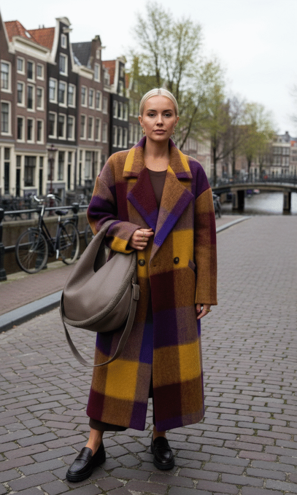 Manteau Aries à carreaux en laine moutarde