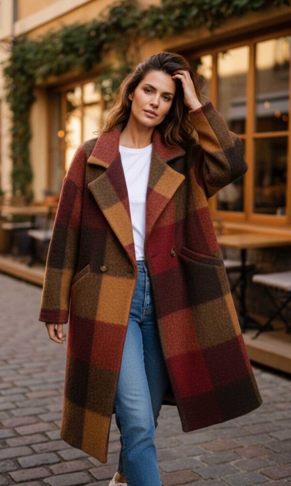 Manteau Aries à carreaux en laine bordeaux
