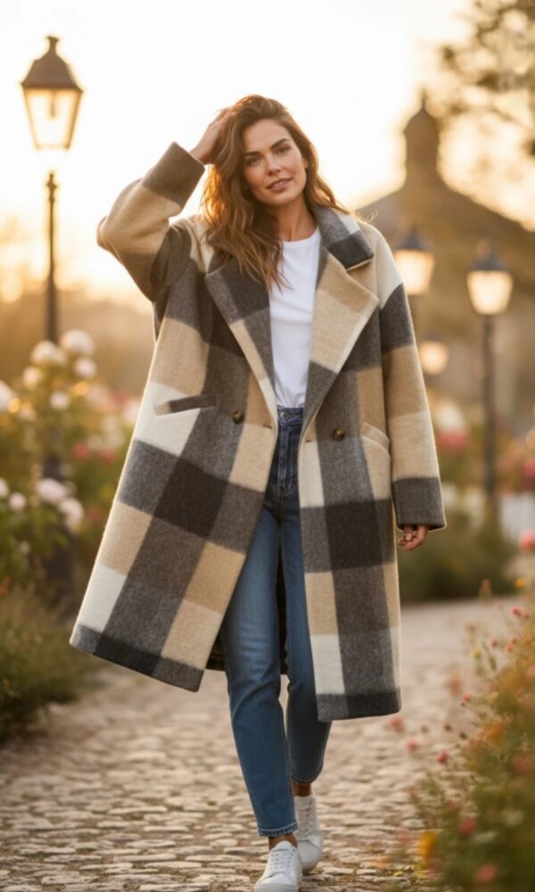 Manteau Aries à carreaux en laine beige